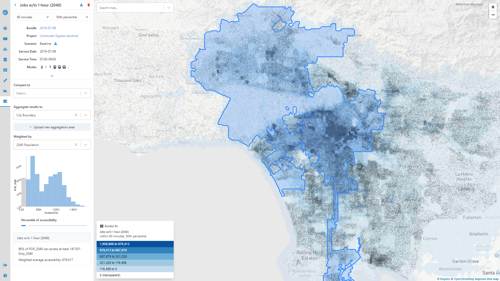 Summarizing access to jobs for city residents in the planned 2040 horizon year